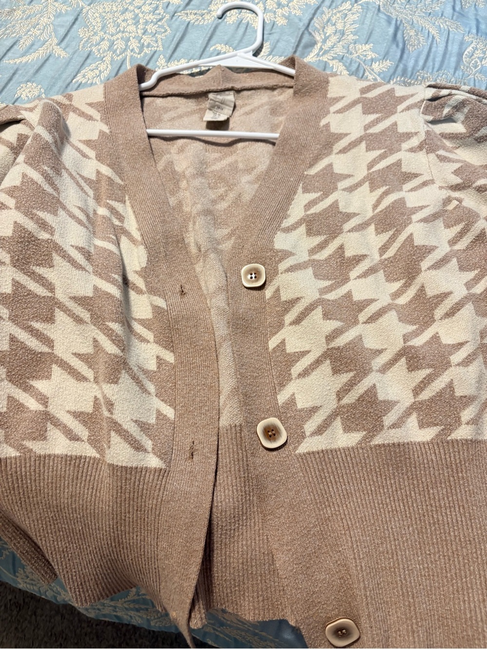 Beige Houndstooth Button-Front Women's Cardigan Sweater
